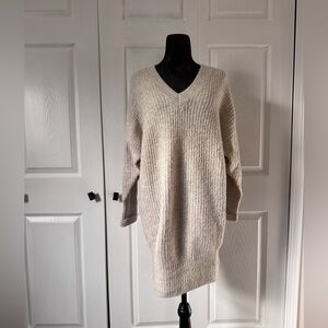 Express Beige V-Neck Oversized Long Sweater